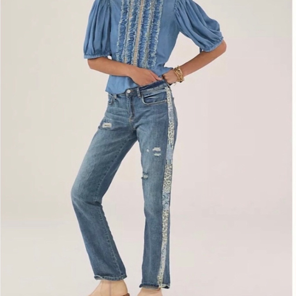 Anthropologie Pilcro Slim Boyfriend Jeans Size 27 Side Stripe Leopard Distressed